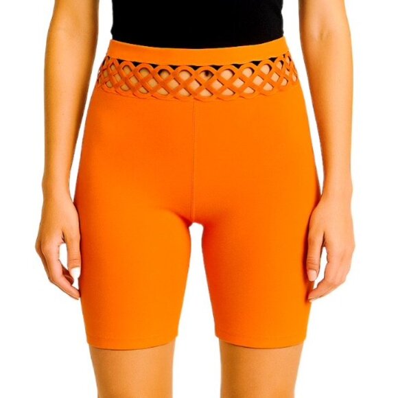 FIT IN Orange Stretchy Bike Athletic Workout Women's Shorts Cutout Waist SM/MED - Picture 1 of 8